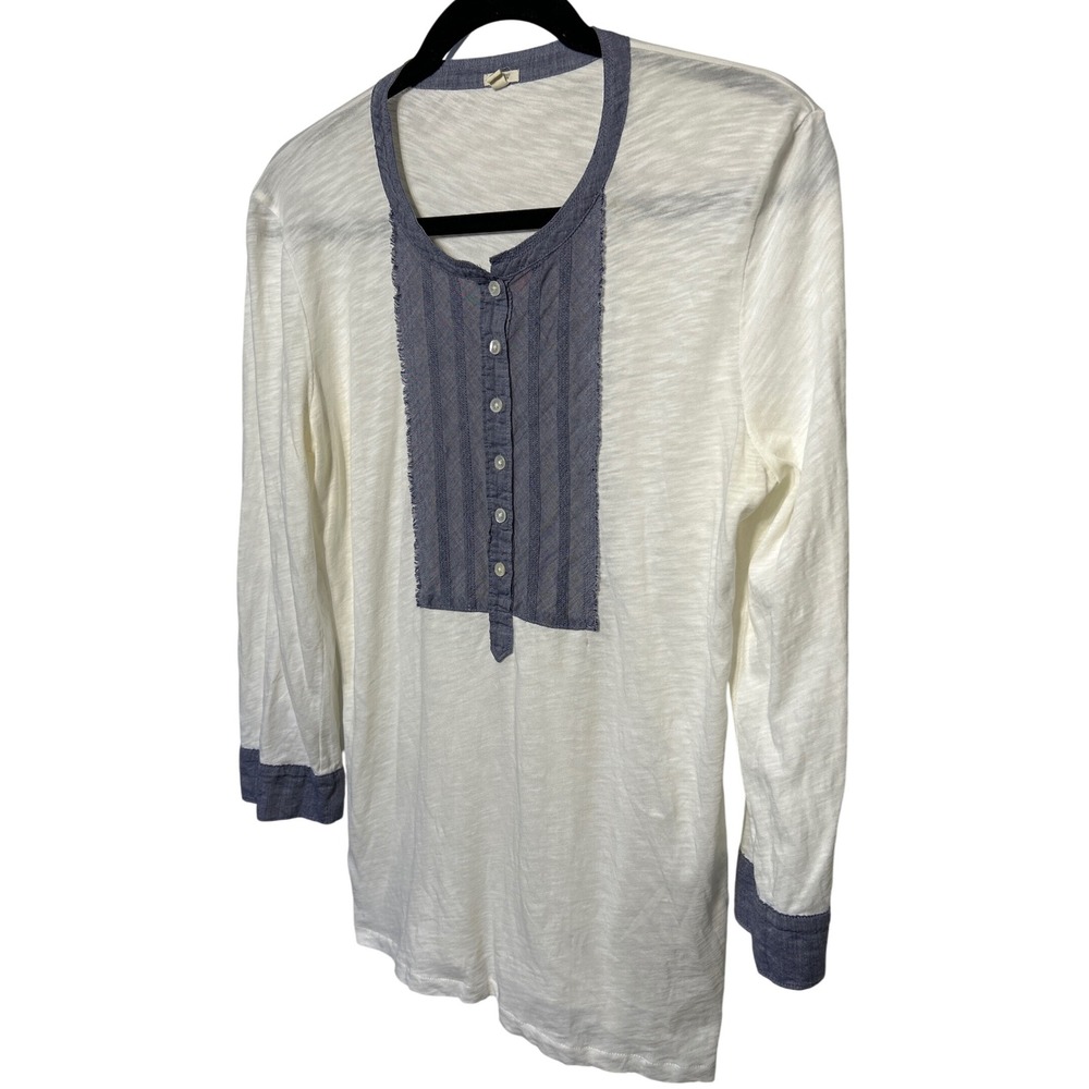 J‎ Crew 3/4 Sleeve Button Bib Henley Top Ivory Blue Frayed Women's Size M